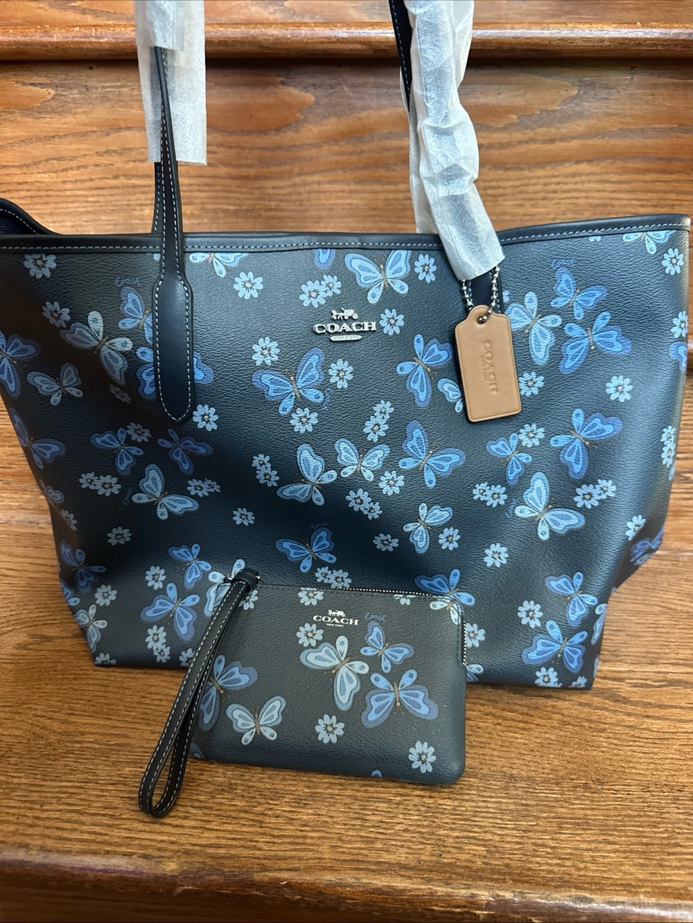COACH Black Blue Butterfly Print Tote with Wristlet